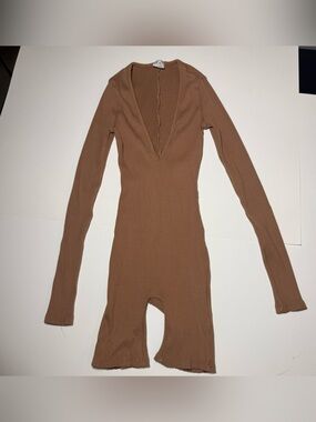 LA Luxe Brown Ribbed Long Sleeve Jumpsuit